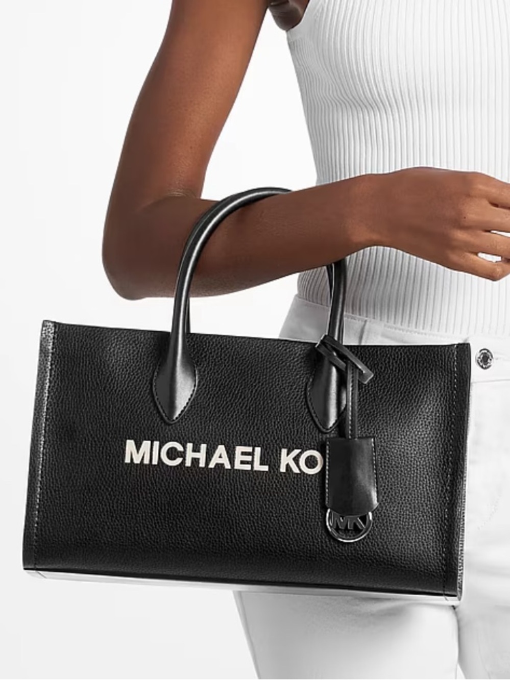 MICHAEL KORS Black Leather Logo Tote with Top Handles - Picture 7 of 11
